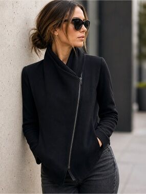 Vince Black Scuba Knit Moto Jacket Asymmetrical Zip Draped Collar M